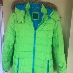 Falls Creek Girls Blue and Neon Green Puffer Jacket
